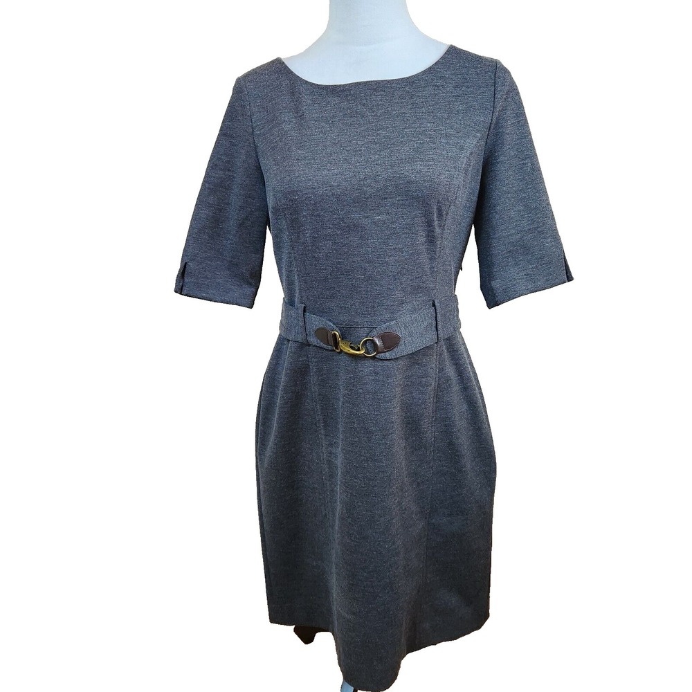 Banana Republic Womens 12P Sheath Dress w/ Buckle Belt Gray Stretch Ponte Knit